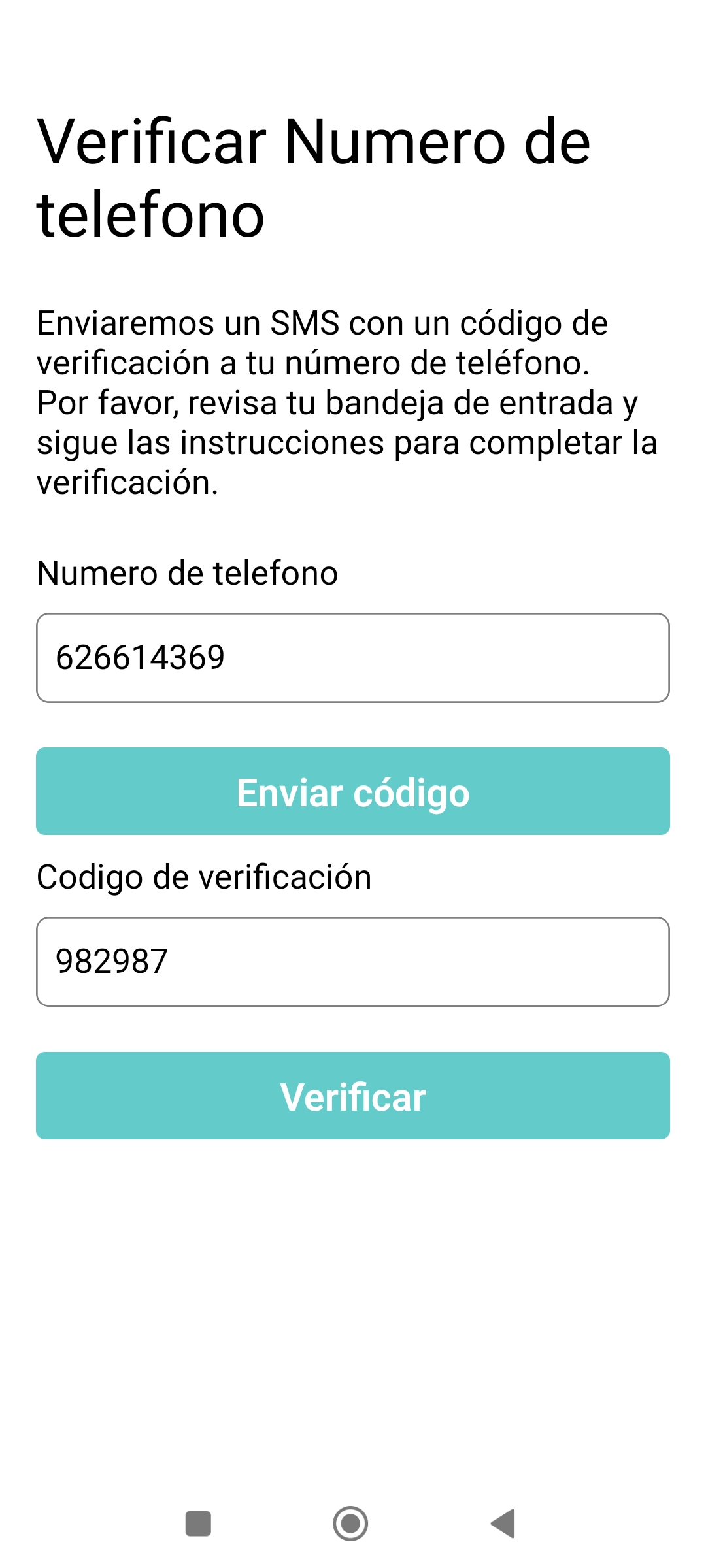 Pantalla de verificación con número de teléfono, código SMS ya introducido y botón Verificar