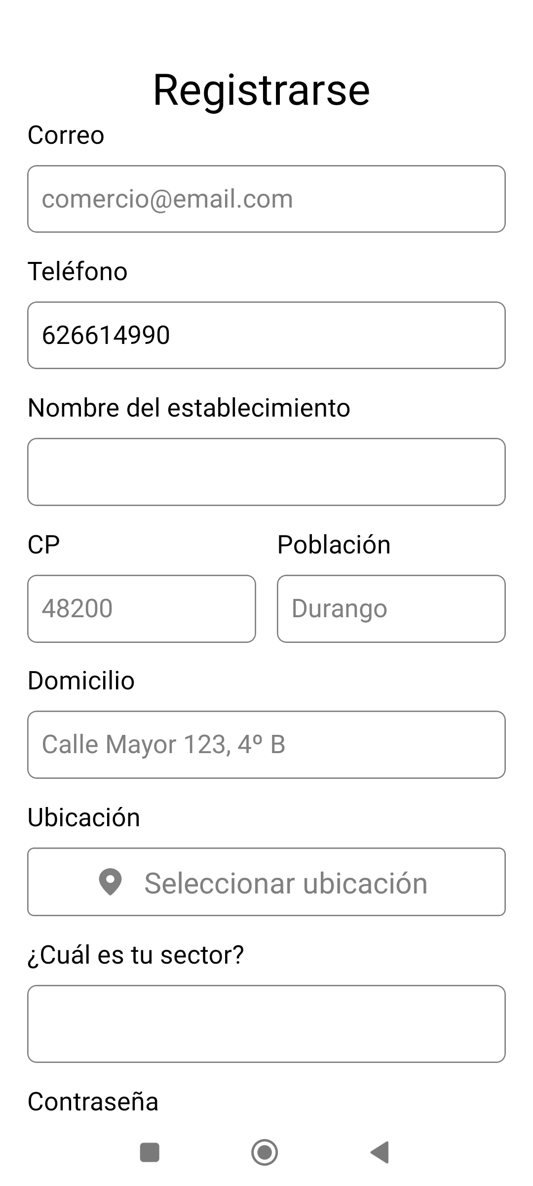 Formulario de registro con email, teléfono, nombre, dirección y sector del negocio