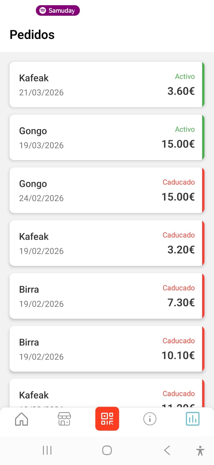 Pantalla de pedidos con lista de regalos, indicadores de estado Activo y Caducado, y precios visibles