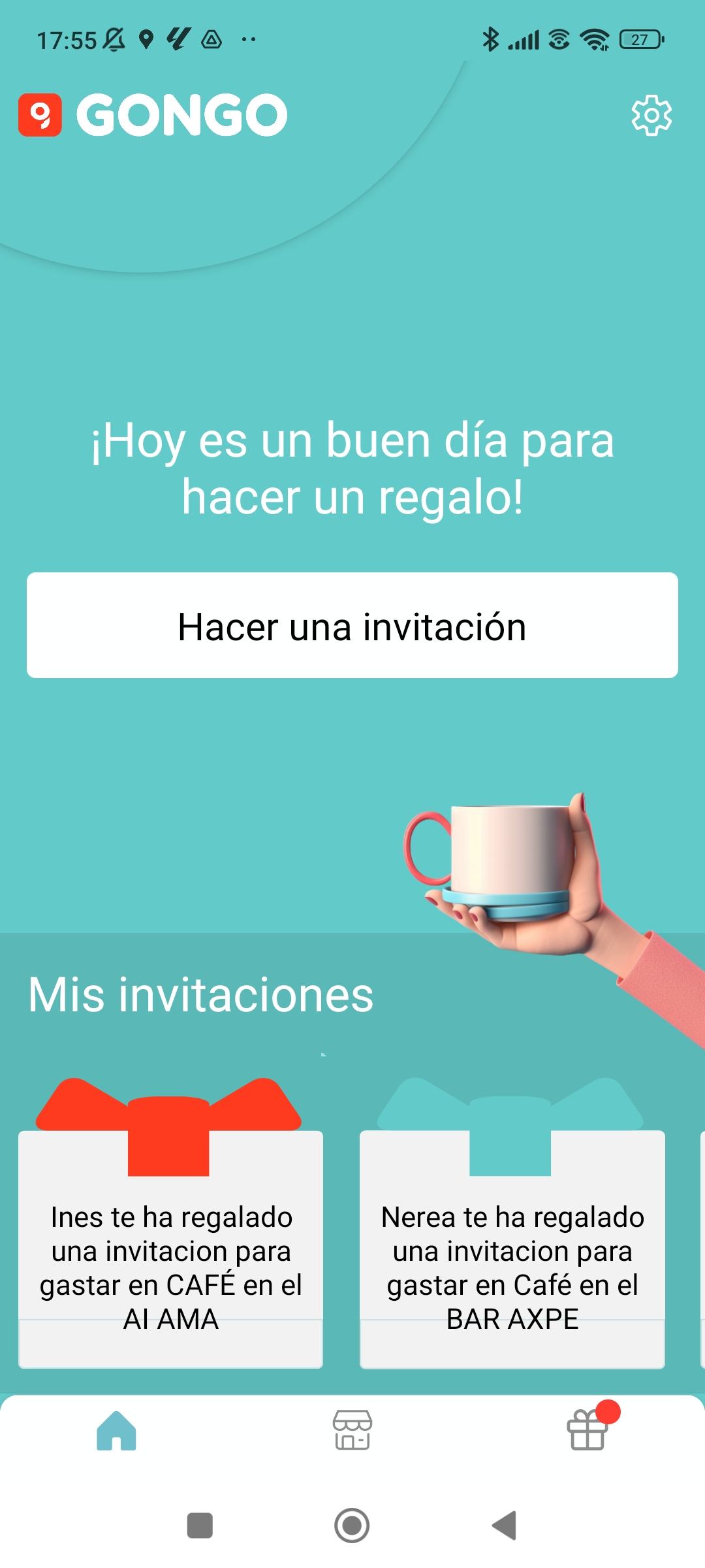 Pantalla home de Gongo con bloque Mis invitaciones y tarjetas de regalos recibidos