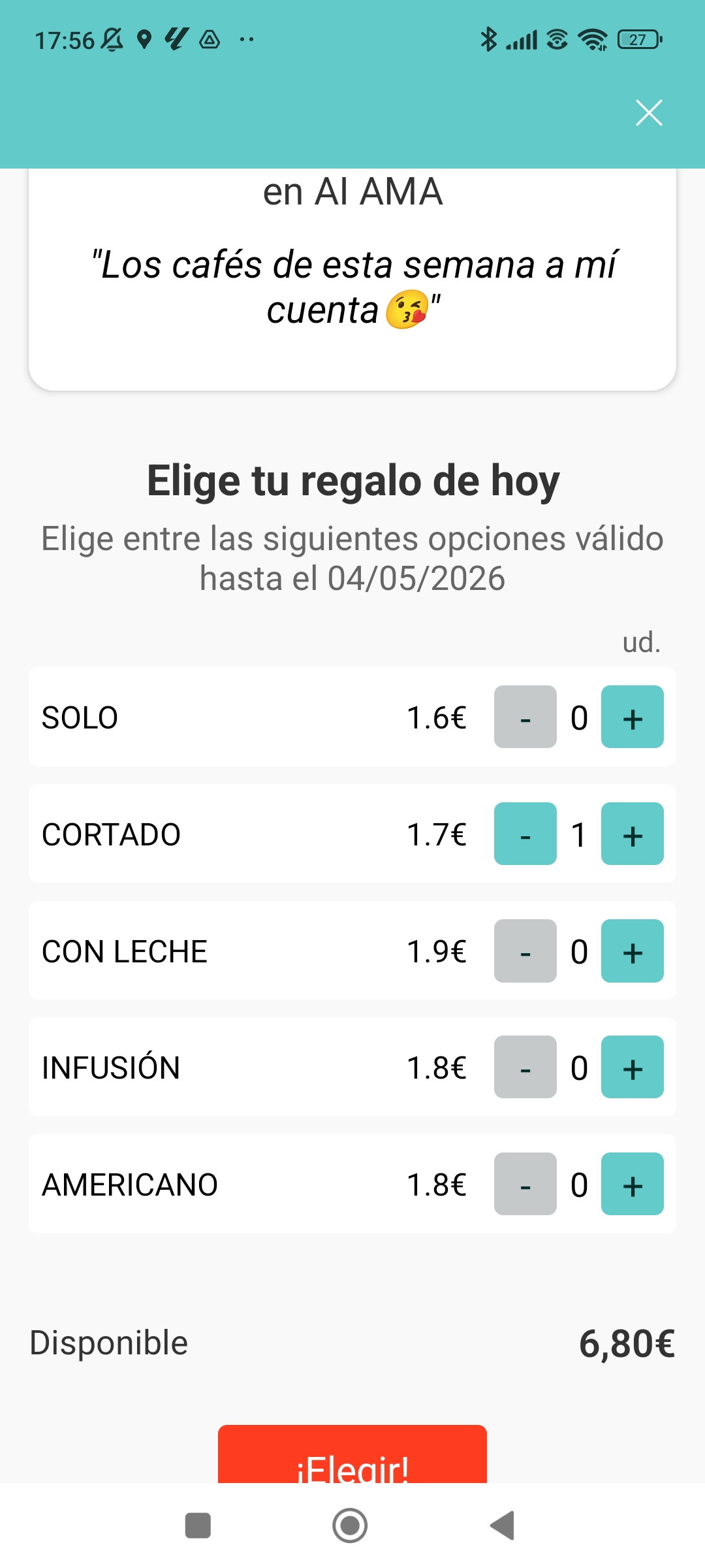 Pantalla de selección de productos con cantidades y saldo ajustándose en tiempo real