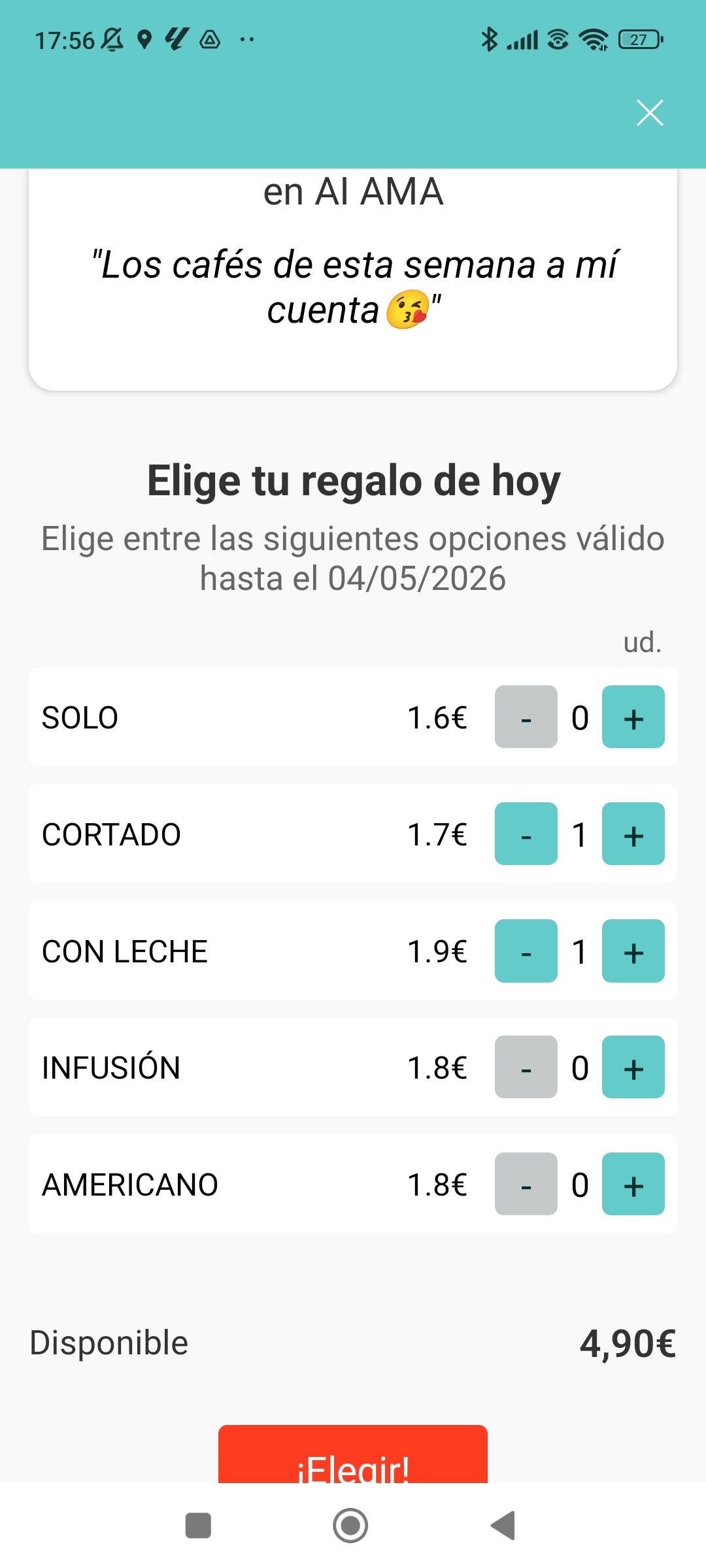 Pantalla con la elección confirmada y opción de ajuste visible