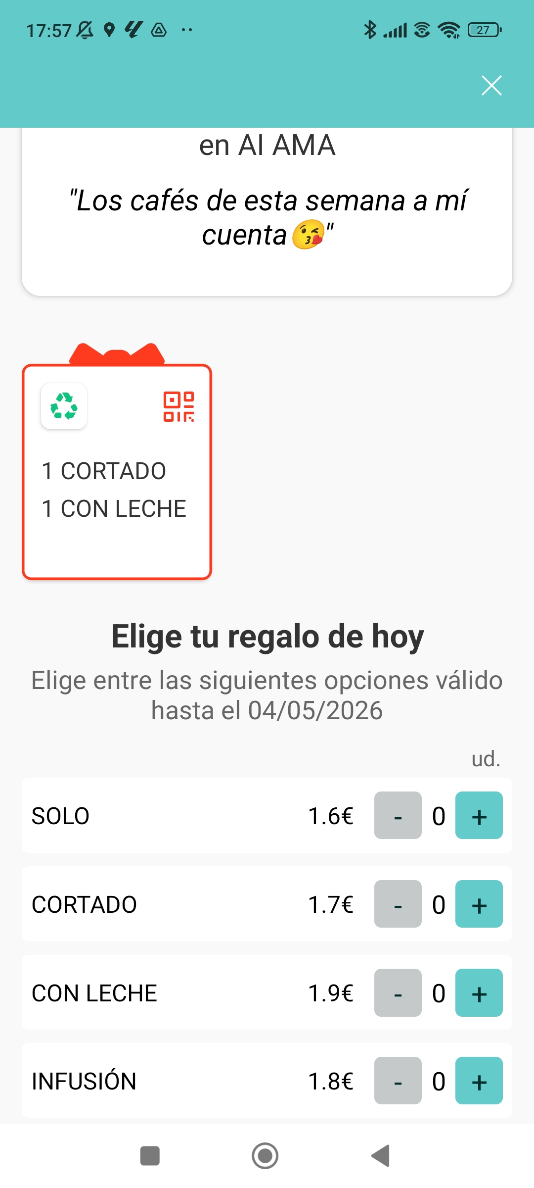 Regalo generado y listo para usar, pantalla posterior a la confirmación