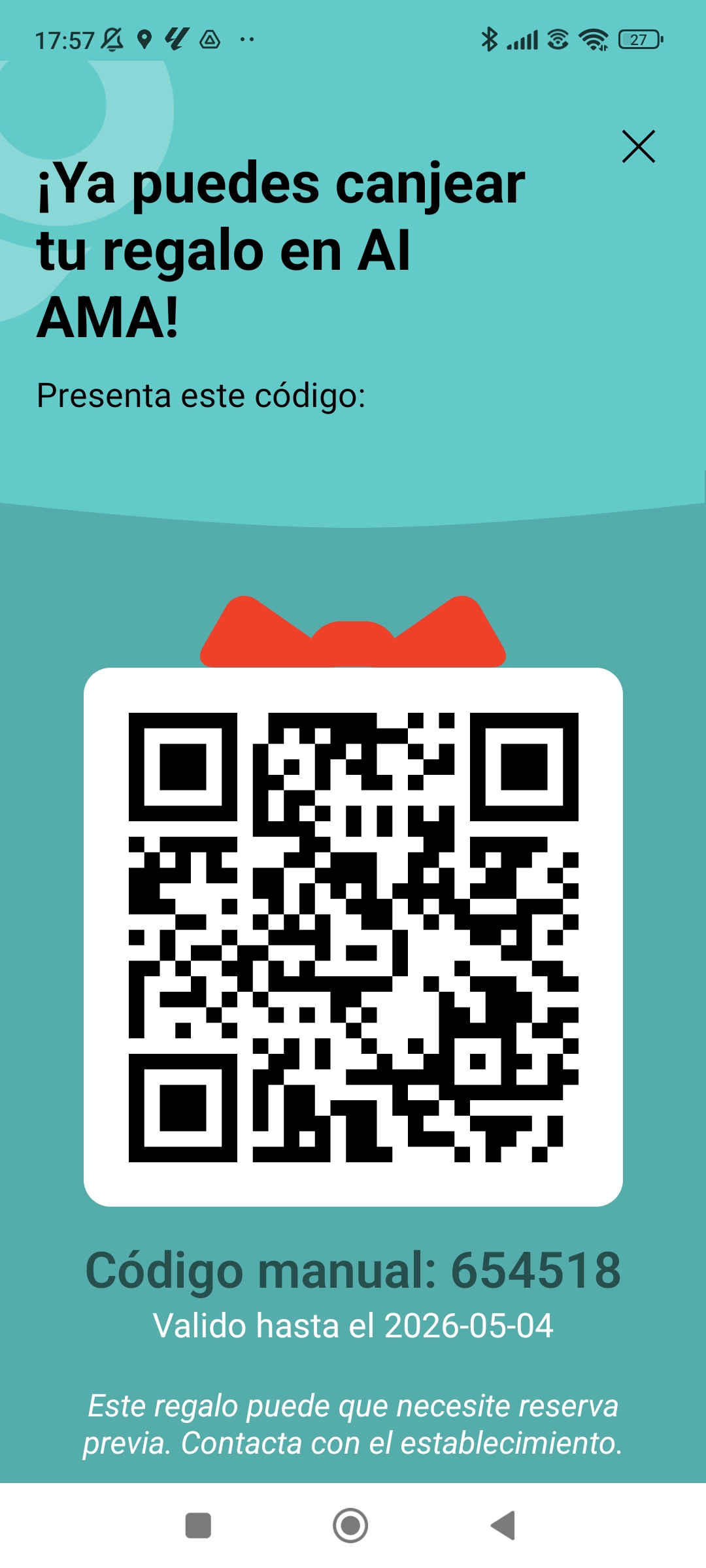 Pantalla final con el código para mostrar en el comercio