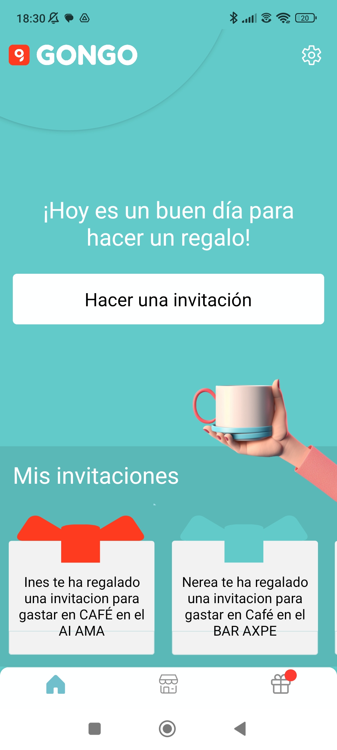 Pantalla home de Gongo con mensaje Hoy es un buen día para hacer un regalo y botón Hacer una invitación