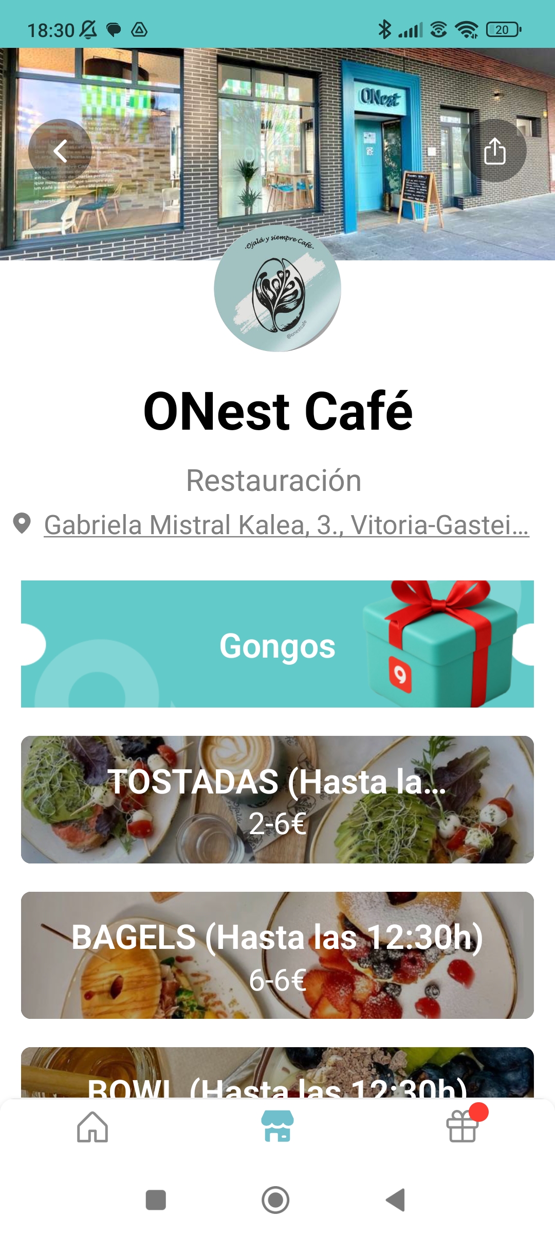 Pantalla del comercio con imagen de cabecera, nombre y grupos disponibles