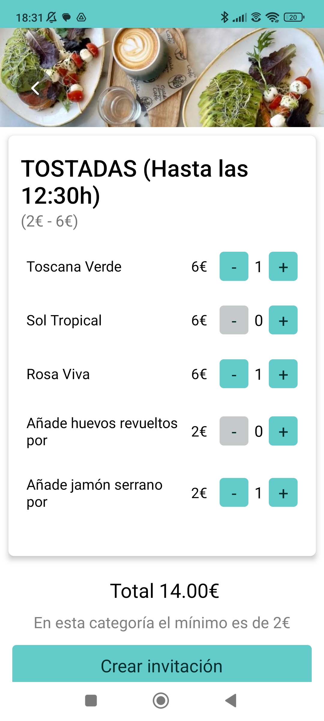Pantalla de productos con botones más y menos, cantidades por producto y total acumulado de la selección
