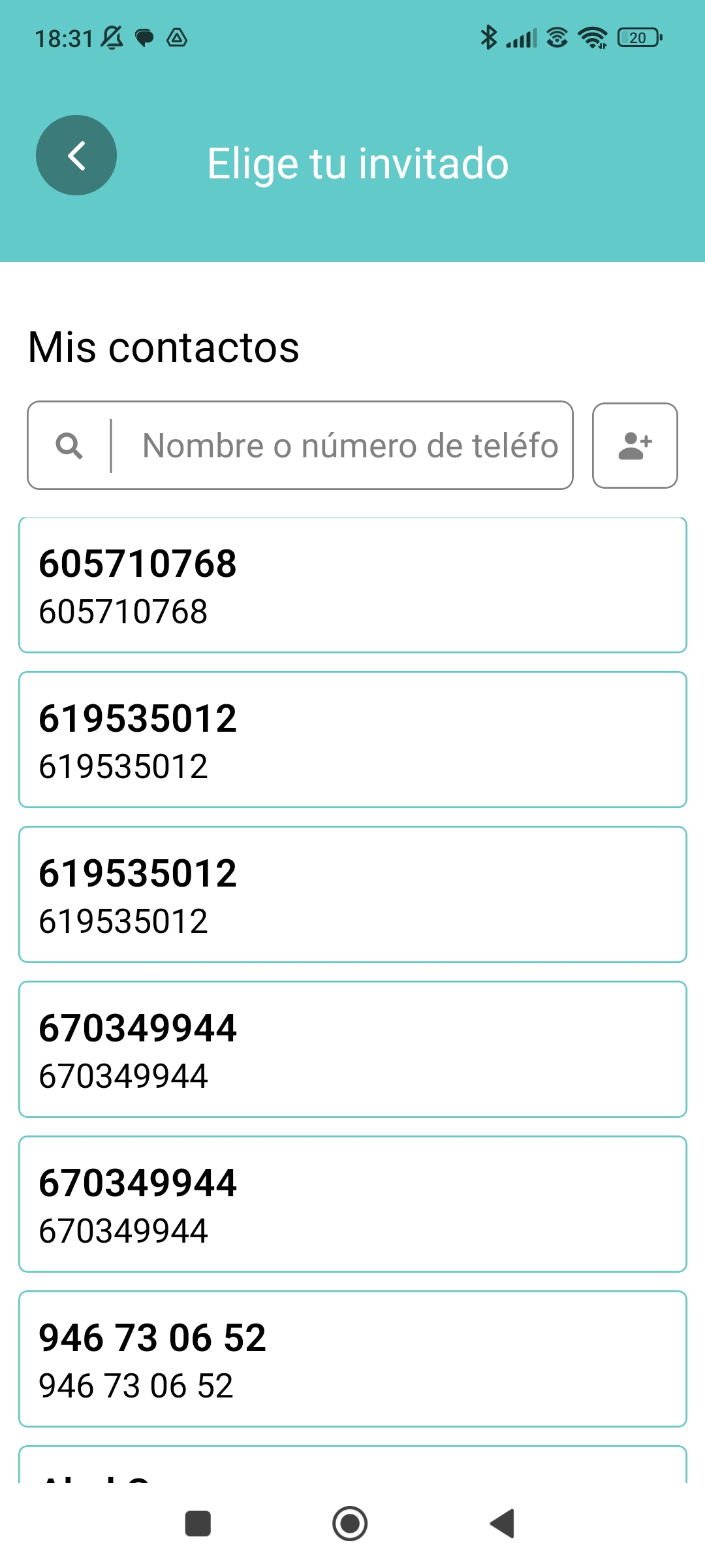 Pantalla de selección de contacto con lista de contactos existentes