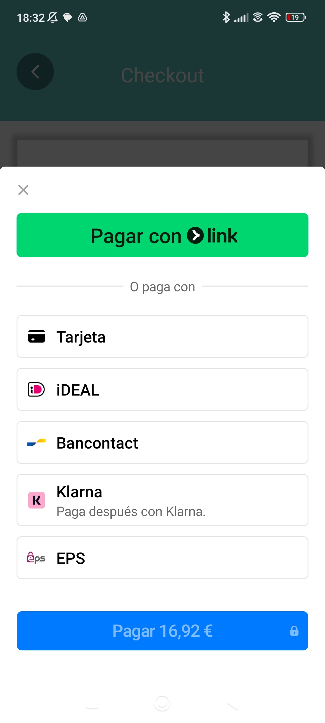 Pantalla de métodos de pago Stripe con tarjeta y otros métodos disponibles