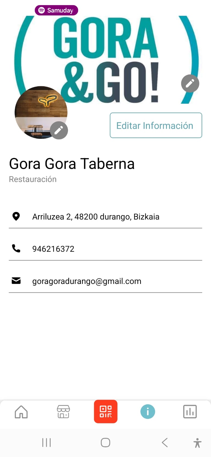 Pantalla de perfil del comercio con nombre, dirección, datos de contacto y opción de edición visible