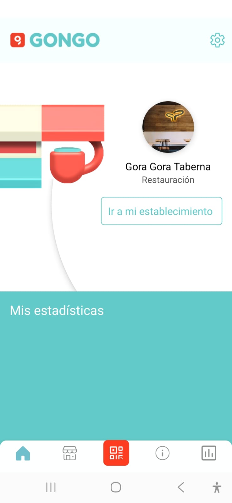 Pantalla home de GongoCommerce con nombre Gora Gora Taberna, botón Ir a mi establecimiento e icono de configuración en la esquina superior derecha