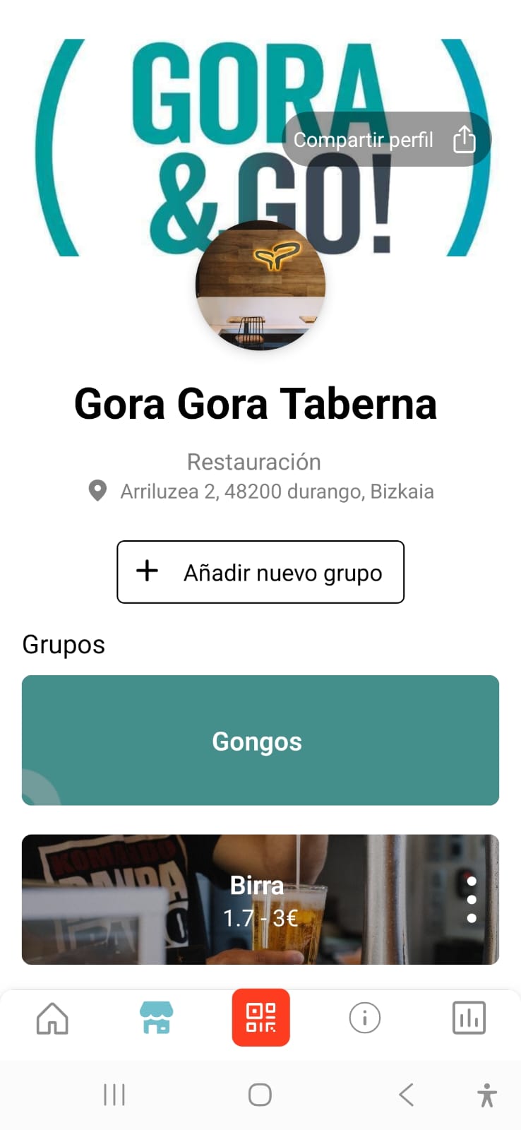 Pantalla de catálogo con sección de grupos, categorías y tarjetas de producto con nombre y precio